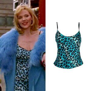 1990s Electric Blue Leopard Print Silk Cami Blouse ASO Samantha Jones in SATC